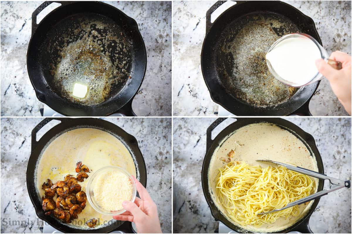 Steps to make Cajun Shrimp Pasta, including simmering the cream and then adding the shrimp, parmesan cheese, and pasta into the sauce.