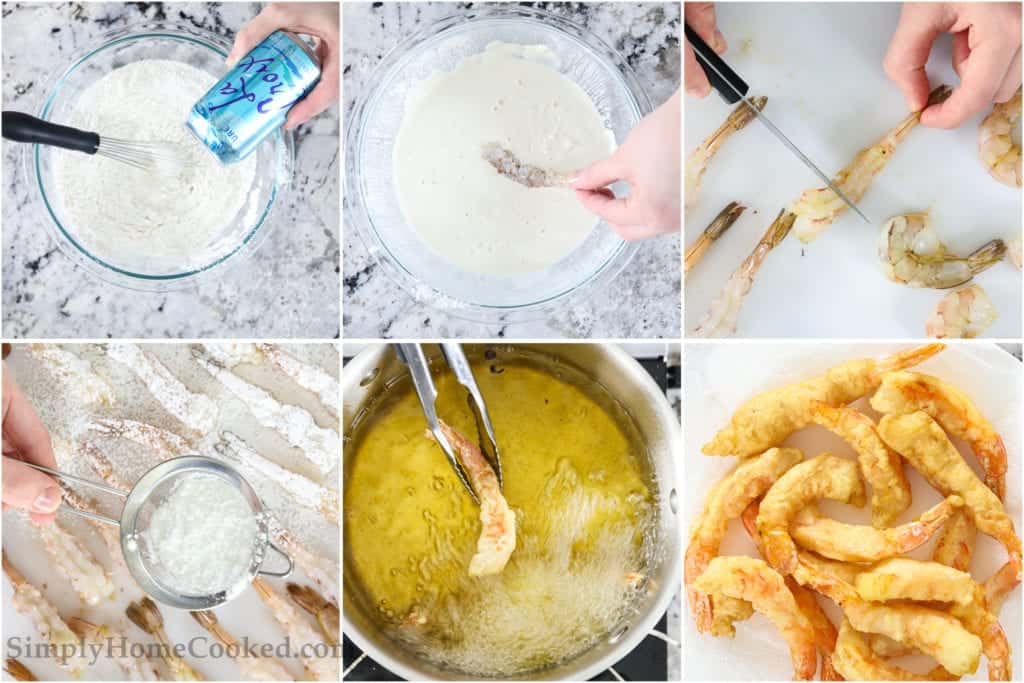 Steps to make shrimp tempura, including mixing the batter and adding club soda, cutting slits into the shrimp, dusting them with cornstarch, frying them, and then letting them dry.