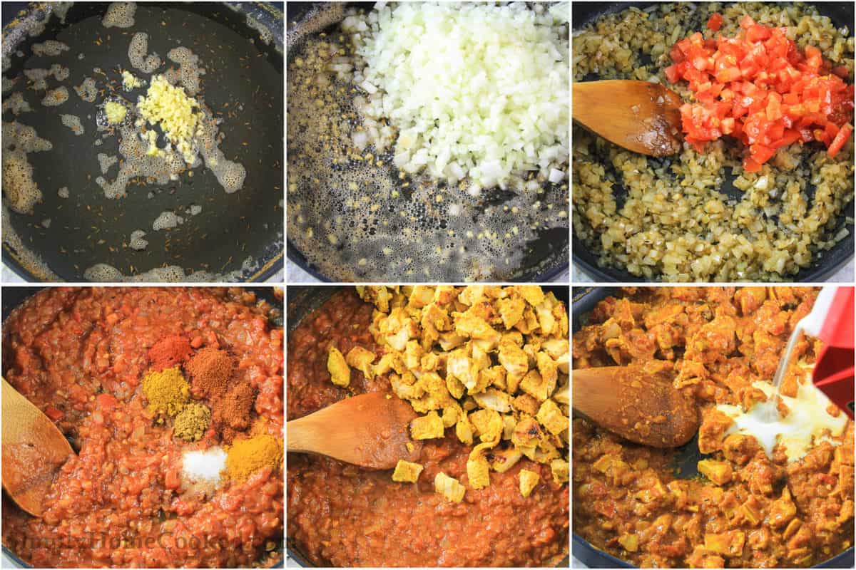 This well-spiced and creamy Indian butter chicken dish is so tasty. The flavors are intense and delicious without a lot of spiciness. #Indianchickendish #butterchickensauce #easyindianrecipe #homemadeindianfood Six tiles showing how to make Indian butter chicken sauce, including cooking garlic in oil and butter, adding onions, tomatoes, and spices, then the chicken and finally the cream.