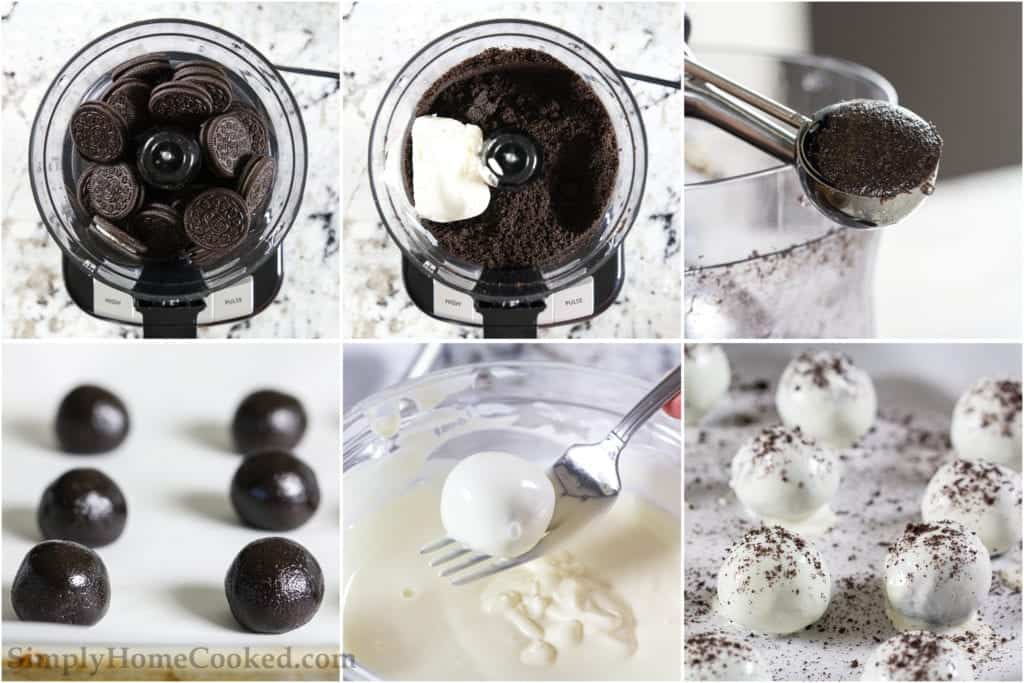 Steps to make Oreo cake balls, including pulsing the Oreo cookies to crumbs, adding cream cheese, then shaping the balls, dipping them in melted candy, and then sprinkling with cookie crumbs.