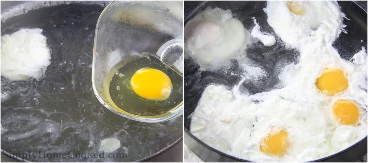 If you want to try something different for breakfast, you can make this easy Poached Eggs with Caramelized Onions recipe. It's so simple and delicious, full of buttery onions and perfectly cooked eggs. #breakfastideas #simplepoachedeggs #easypoachedegg #breakfastpoachedeggsandonions Steps to making Poached Eggs with Caramelized Onions, including bring water to a simmer and poaching the eggs in the water.