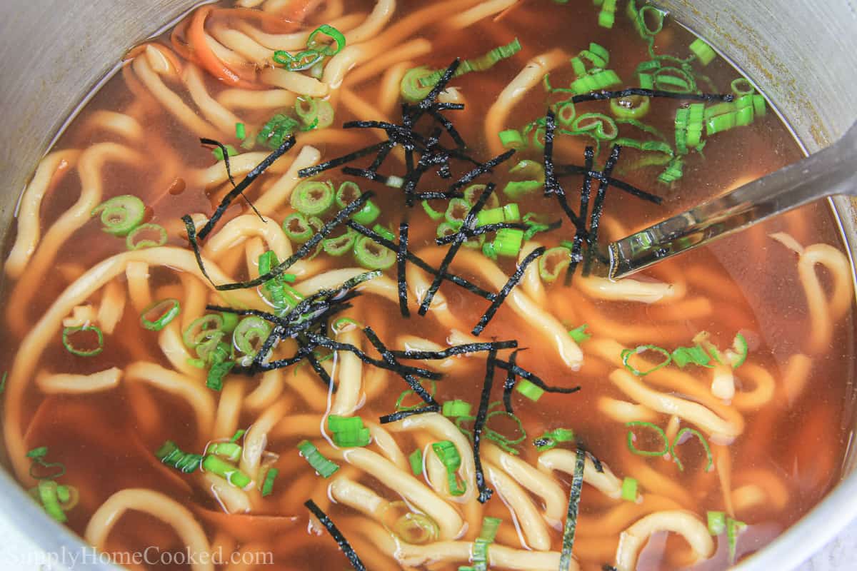 Close up of a bowl of Udon soup with nori and green onion garnishing the top, and a spoon in the bowl.