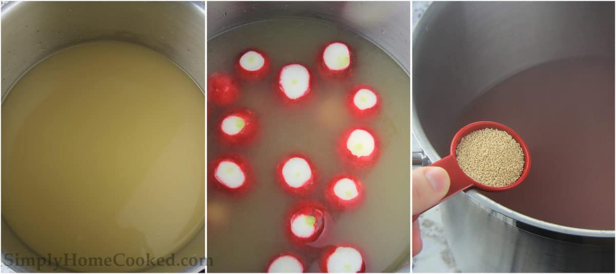 Steps to making udon soup, including boiling the stock and cooking radishes and hondashi powder into it.