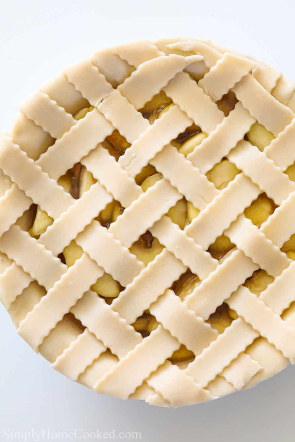 This gorgeous Homemade Apple Pie tastes as good as it looks. Flaky and golden brown, this is the perfect pie for a holiday gathering or potluck #scratchdessert #piefromscratch #besthomemadeapplepie #latticeapplepie Latticed Homemade Apple Pie with a white background.