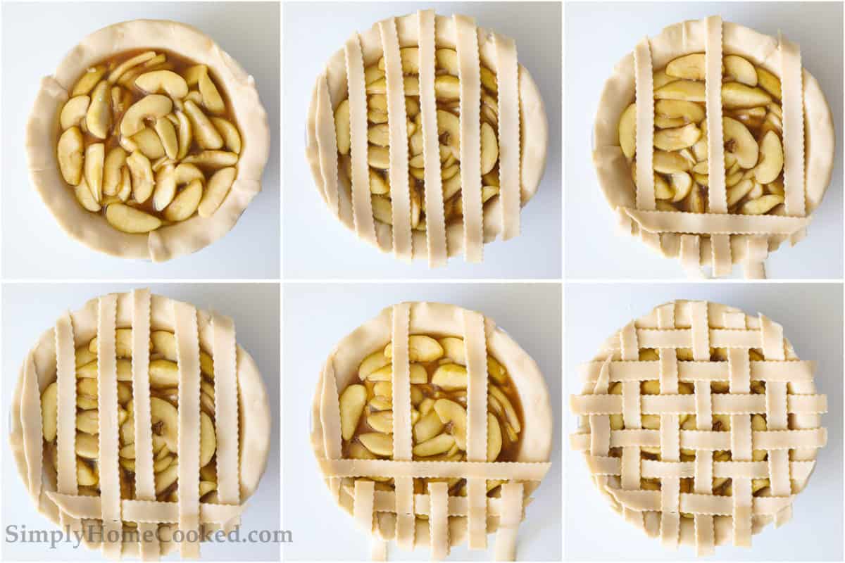 Cinnamon apples and gooey sweetness, this Homemade Apples Pie is so good. With a flaky golden crust and pretty lattice top, you'll wow your guests with this amazing dessert. #homemadelatticeapplepie #4thofjulydessert #thanksgivingpierecipe #holidayapplepie Six steps to making the lattice topping for a Homemade Apple Pie, including alternating and folding over the strips to create the lattice pattern.