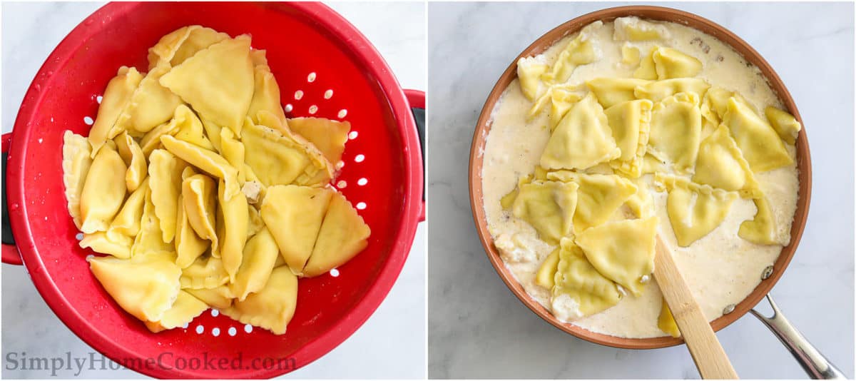 Steps to make Chicken and Cheese Ravioli, including cooking the ravioli and then adding it to the cream sauce in the skillet.