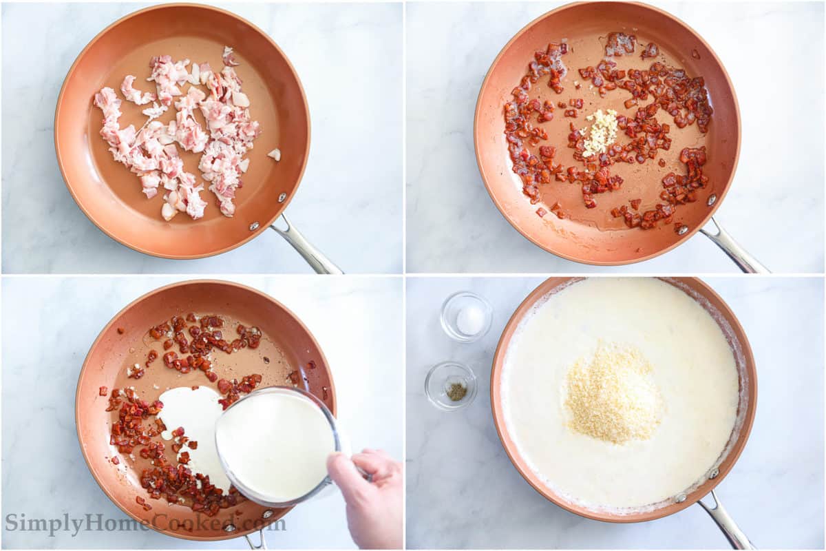 Steps to make Chicken and Cheese Ravioli, including cooking the bacon, then adding the garlic and heavy cream, and then stirring in the Parmesan cheese.