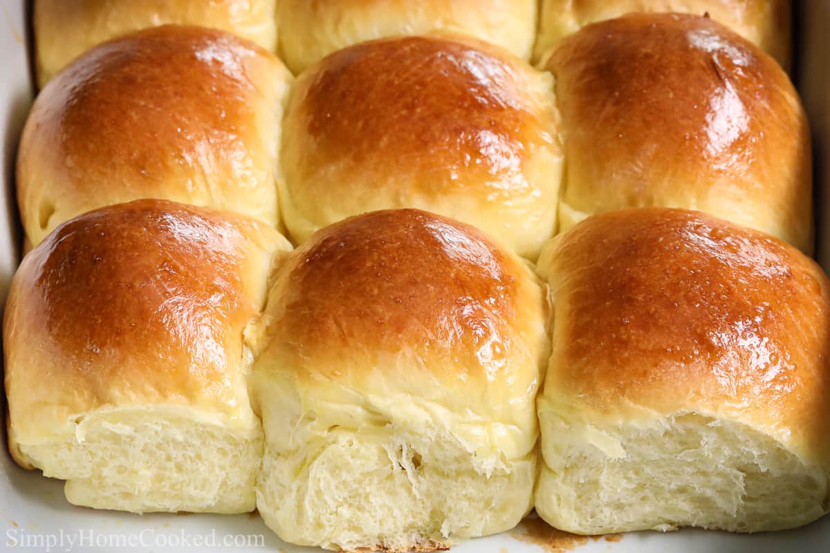 Close up of nine Soft Brioche Dinner Rolls.