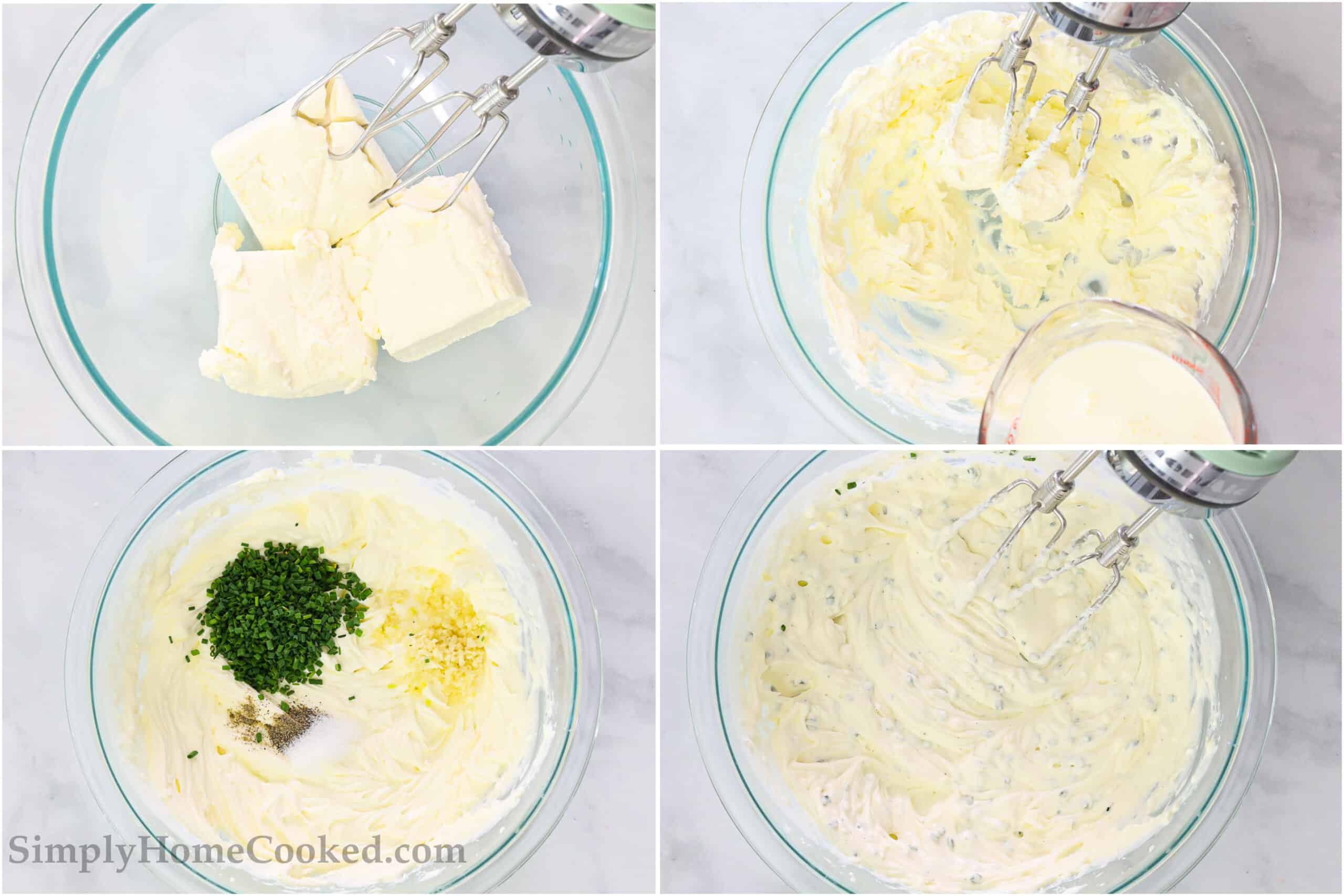 Steps to make Garlic Cream Cheese Dip, including beating the cream cheese, adding in the heavy cream, and then adding the chives, garlic, salt, and pepper, and mixing everything together.