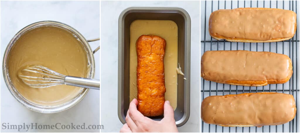 Steps to glaze Maple Donut Bars from Scratch, including whisking the glaze ingredients and then dipping the donuts in it before letting them cool on a cooling rack.