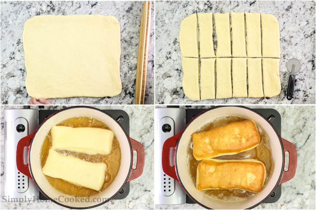 Steps to make Maple Donut Bars from Scratch, including rolling out the dough, cutting it into bars, then frying each bar on both sides to golden brown.