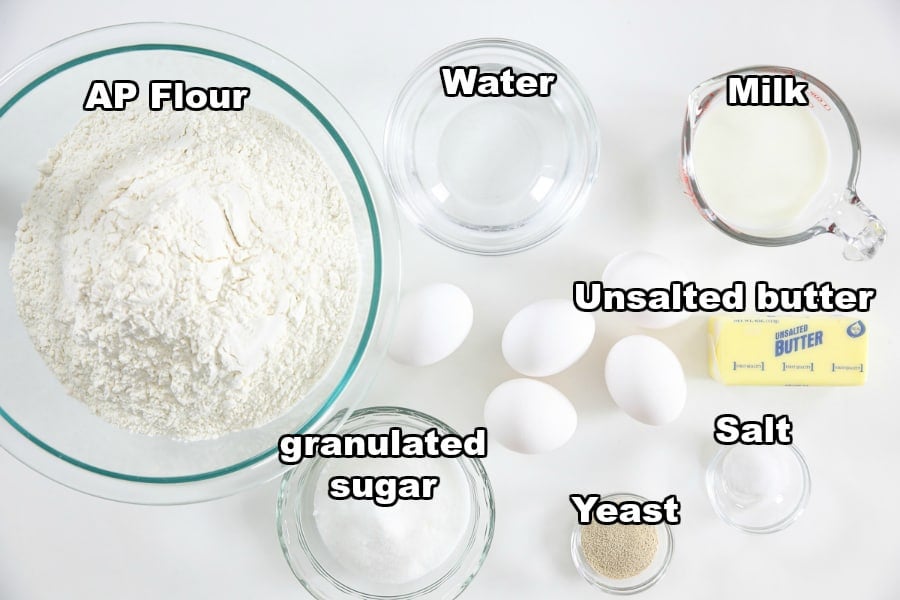 Ingredients for Maple Donut Bars from Scratch, including AP flour, granulated sugar, unsalted butter, milk, water, yeast, salt, and eggs.