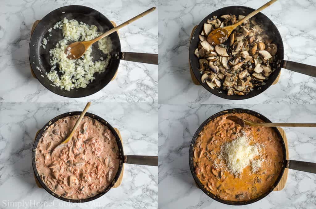 Steps to make Italian Sausage Ravioli, including sauteing the onion and garlic, then adding the mushrooms, stirring in the heavy cream and tomatoes with a wooden spoon, and then adding the Parmesan cheese.
