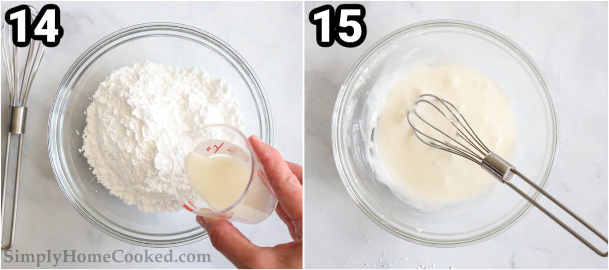 Steps to make Apple Fritter Bread:  make the icing for the bread by combining milk and powdered sugar with a whisk.