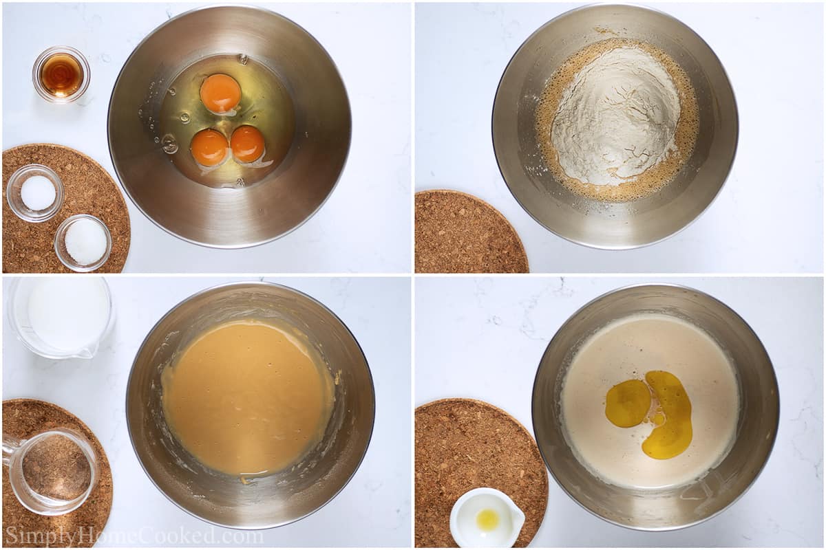 Steps to make Cheese Blintz, including adding the eggs, vanilla, salt, and sugar and beating them together, then adding the flour, water, milk, and olive oil to make the blintz batter.