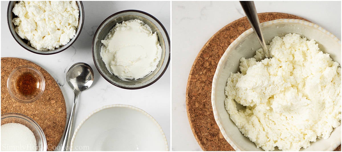 Steps to make the filling for a Cheese Blintz, including mixing the sugar, cream cheese, and cottage cheese together with a spoon in a bowl.