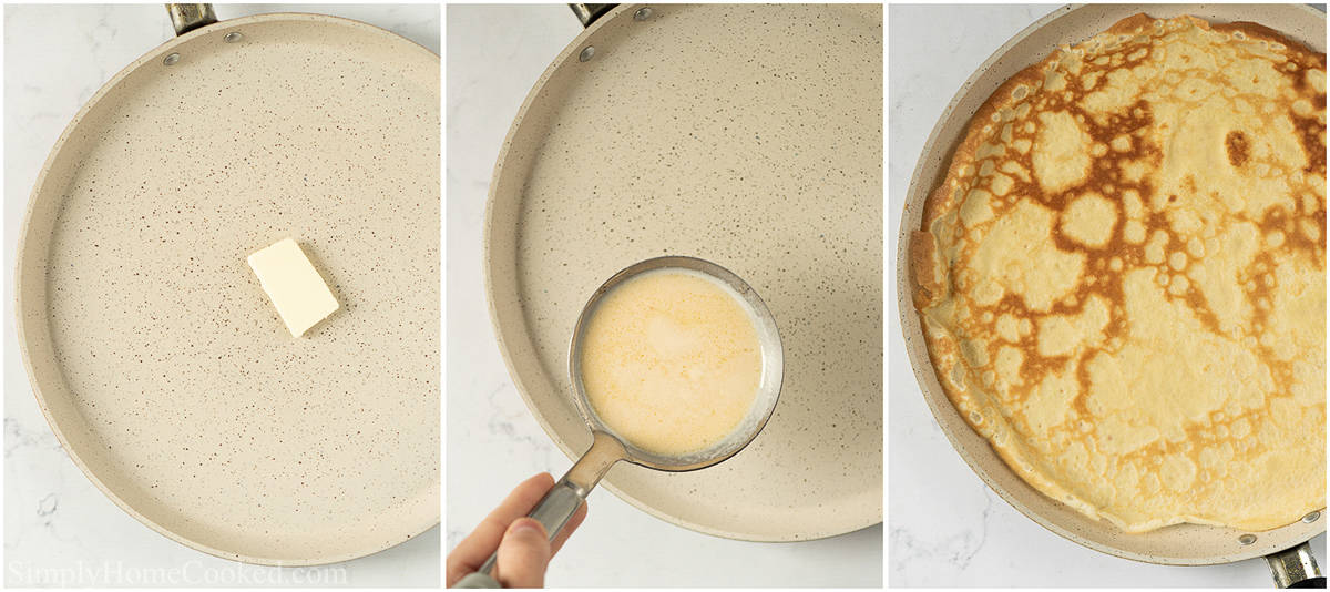 Steps to make Cheese Blintz, including melting butter in the pan, then pouring the batter in and flipping to cook the other side.