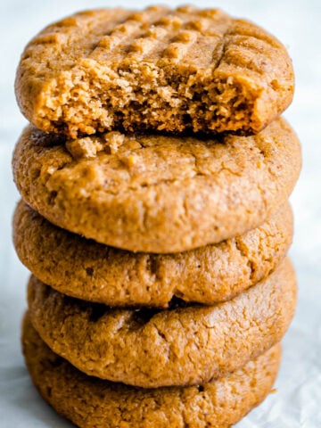 Vertical image of a stack of Keto Peanut Butter Cookies