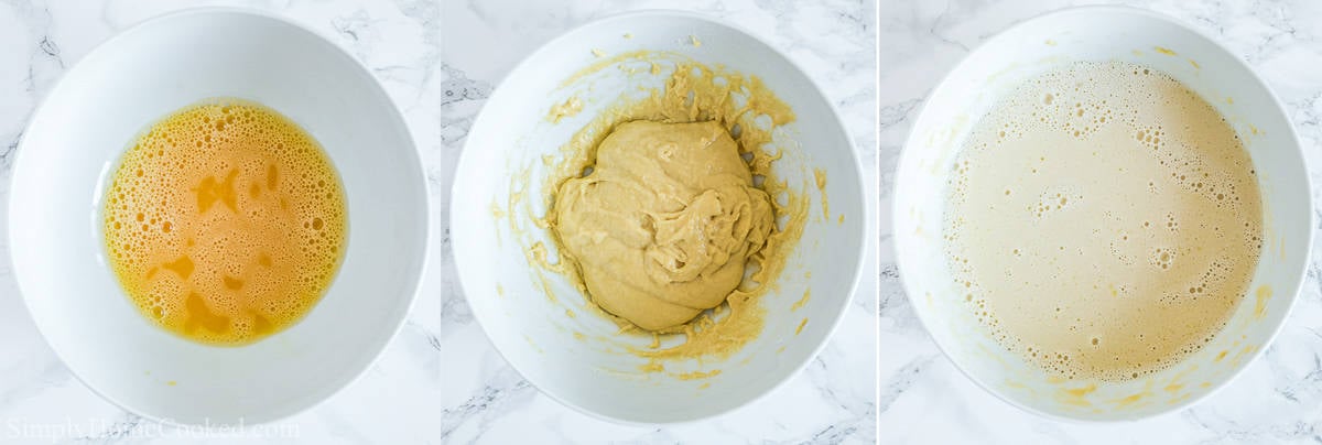 Steps for making Savory Crepes with Chicken and Mushroom Filling, including beating eggs and sugar, adding flour and then hot water and milk to make the crepe batter.