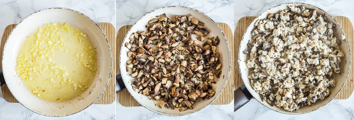 Steps to make Savory Crepes with Chicken and Mushroom Filling, including cooking the onion and garlic, adding the mushrooms and chicken and then adding the mayo and sour cream, mixing it all together.