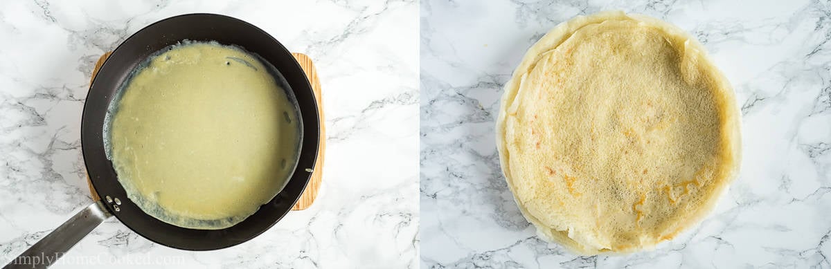 Steps to make Savory Crepes with Chicken and Mushroom Filling, including melting butter in a skillet and pouring the crepe batter in it and then flipping to cook both sides a golden brown.