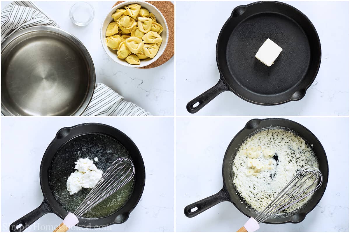 Steps to make Creamy Tortellini Alfredo, including boiling the pasta, melting the butter in a pan, adding the cream cheese and whisking, and then the garlic and Parmesan.