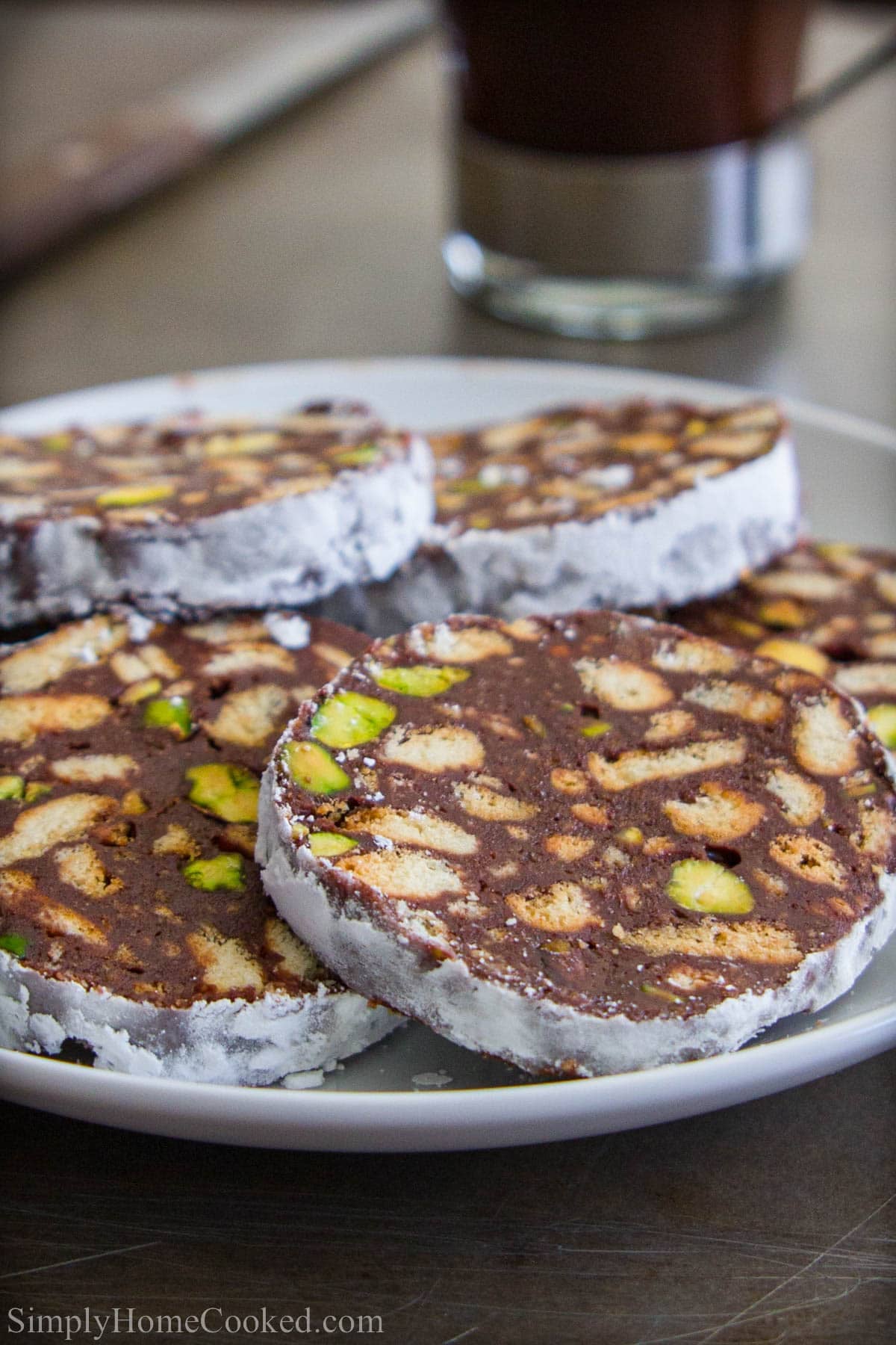 Close up of Chocolate Salami slices.