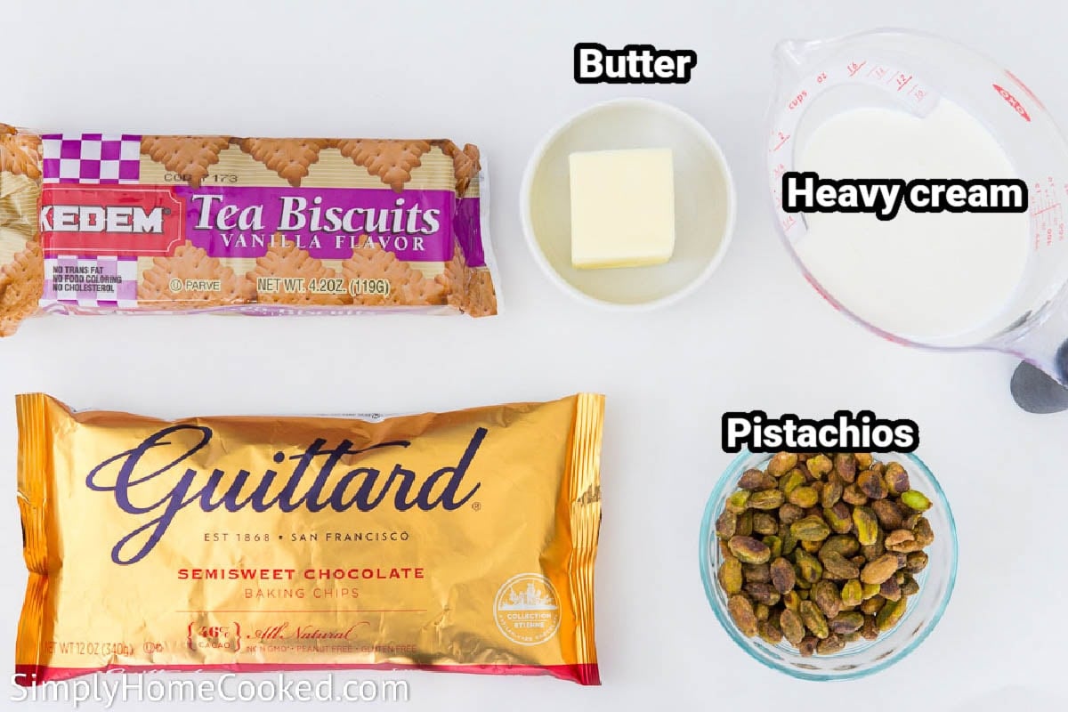 Ingredients for Chocolate Salami: tea biscuits, butter, heavy cream, pistachios, and chocolate chips.