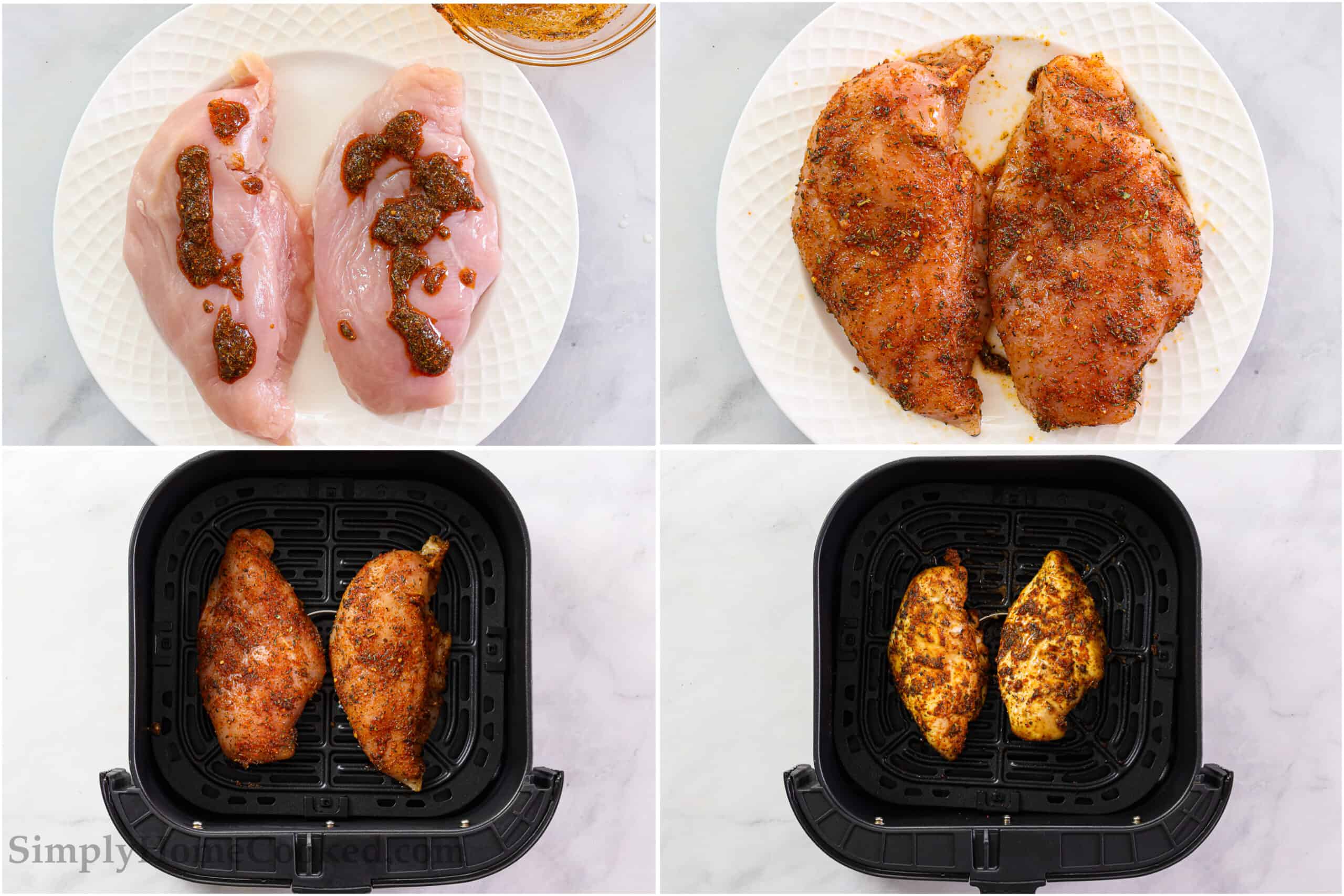 Steps to make Juicy Air Fryer Chicken Breast, including marinating the chicken breasts and then cooking them in the air fryer until golden brown.