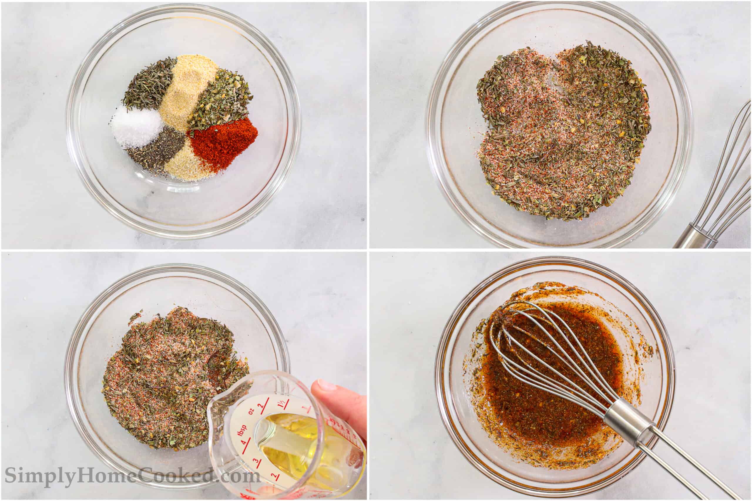 Steps to make Juicy Air Fryer Chicken Breast, including mixing the spices and then whisking in the oil. 