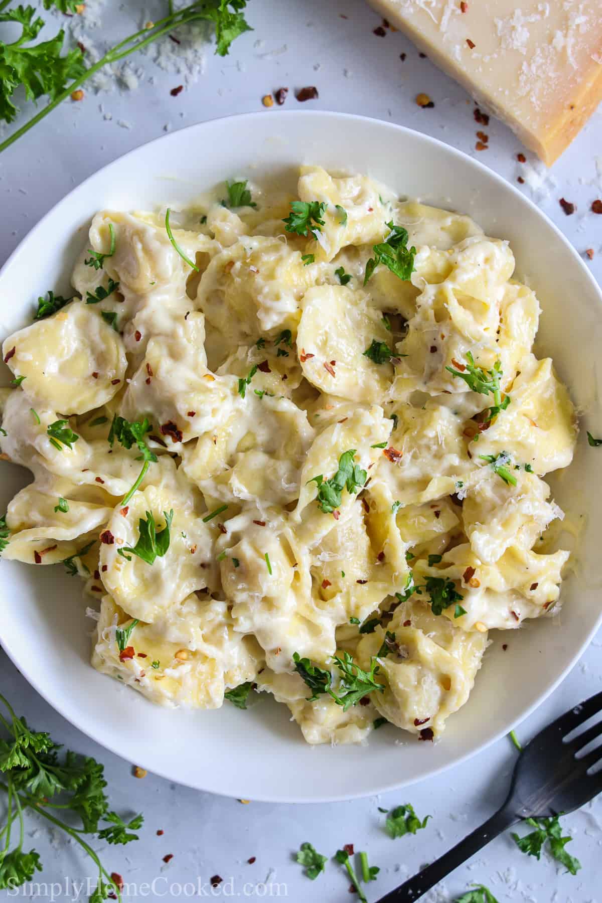 white plate of Creamy Tortellini Alfredo with a garnish of red pepper flakes and parsley, with a towel and seasonings in the background.