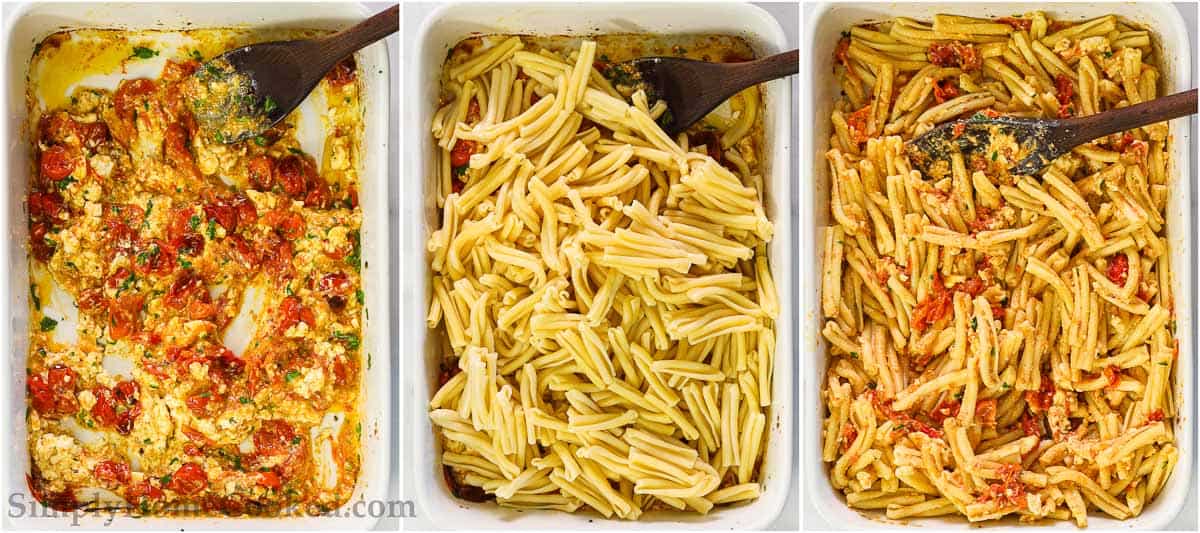 Steps to make Baked Feta Pasta, including mixing the roasted feta and tomatoes together before adding in the pasta, stirring it all together with a wooden spoon.