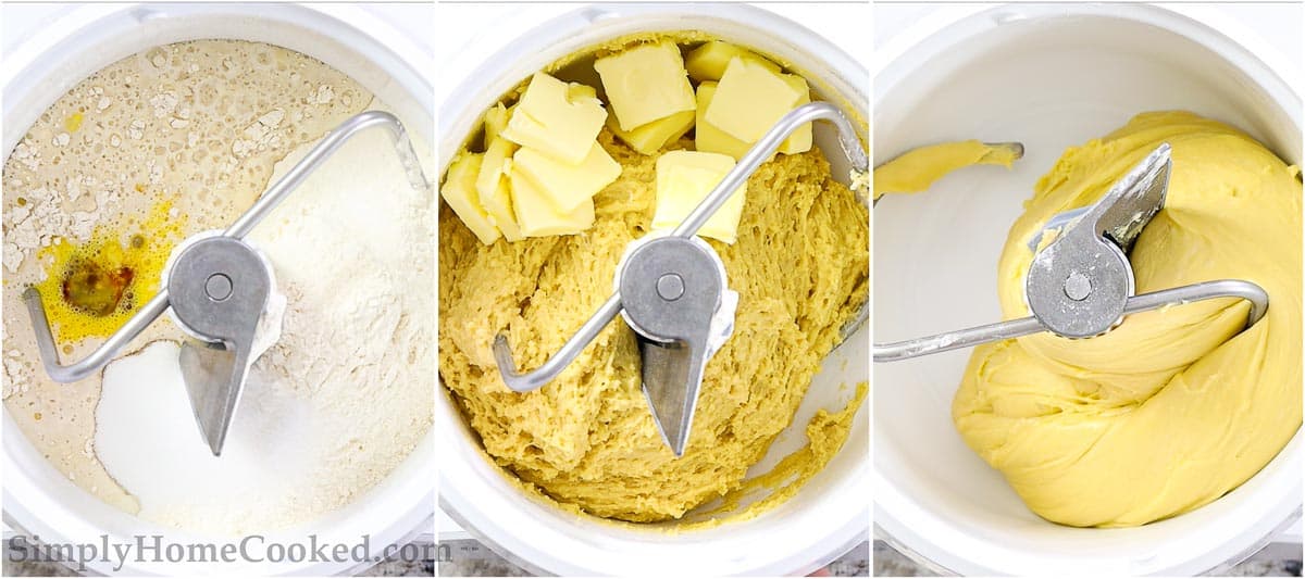 Steps to make Buttery Brioche Bread, including mixing together the ingredients and then adding the butter slices to a stand mixer, kneading the dough until smooth and elastic.