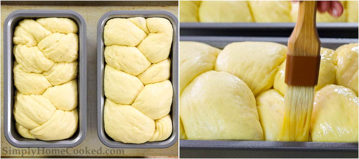 Steps to make Buttery Brioche Bread, including letting the braided dough rise and then brushing it with an egg wash before baking. 