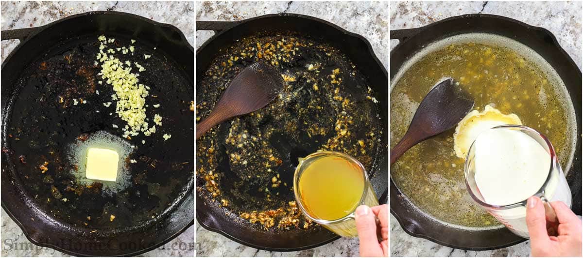 Steps to make Creamy Chicken Pesto Pasta, including cooking the garlic and butter in a skillet before adding the chicken broth and heavy cream, stirring with a wooden spoon. 