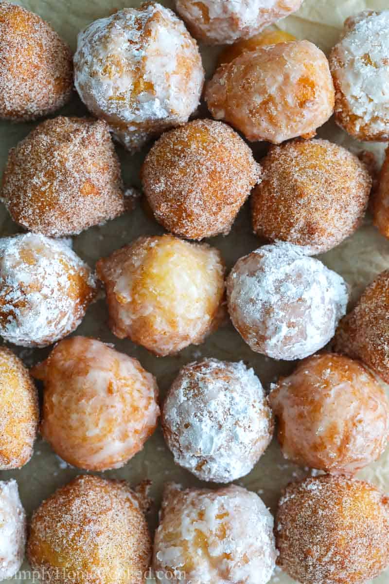 Homemade Donut Holes in 3 flavors - cinnamon sugar, glaze, and powdered sugar.
