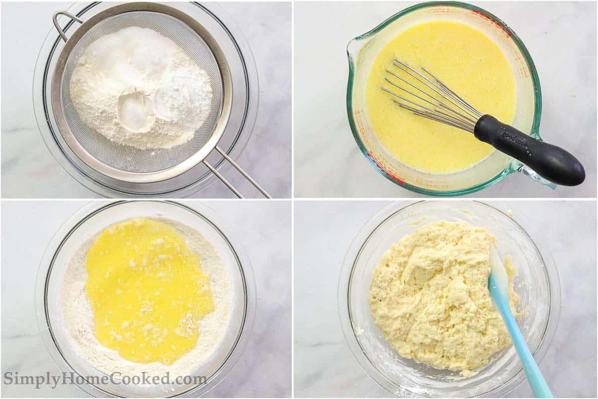 Steps for making Homemade Donut Holes, including sifting the dry ingredients into a bowl, whisking the wet ingredients into a measuring cup, then mixing them together in the bowl with a spatula. 