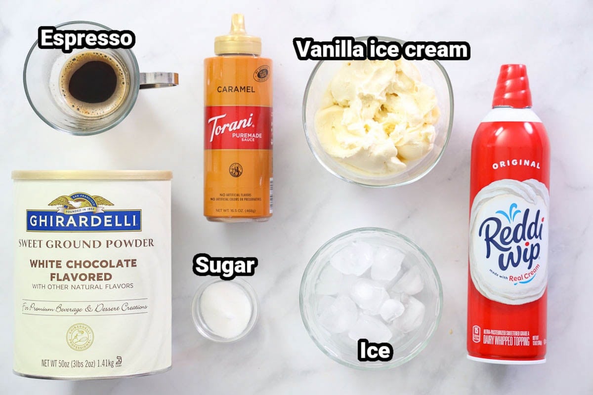 Ingredients for Caramel Frappuccino: espresso, caramel sauce, vanilla ice cream, whipped cream, white chocolate powder, sugar, and ice.