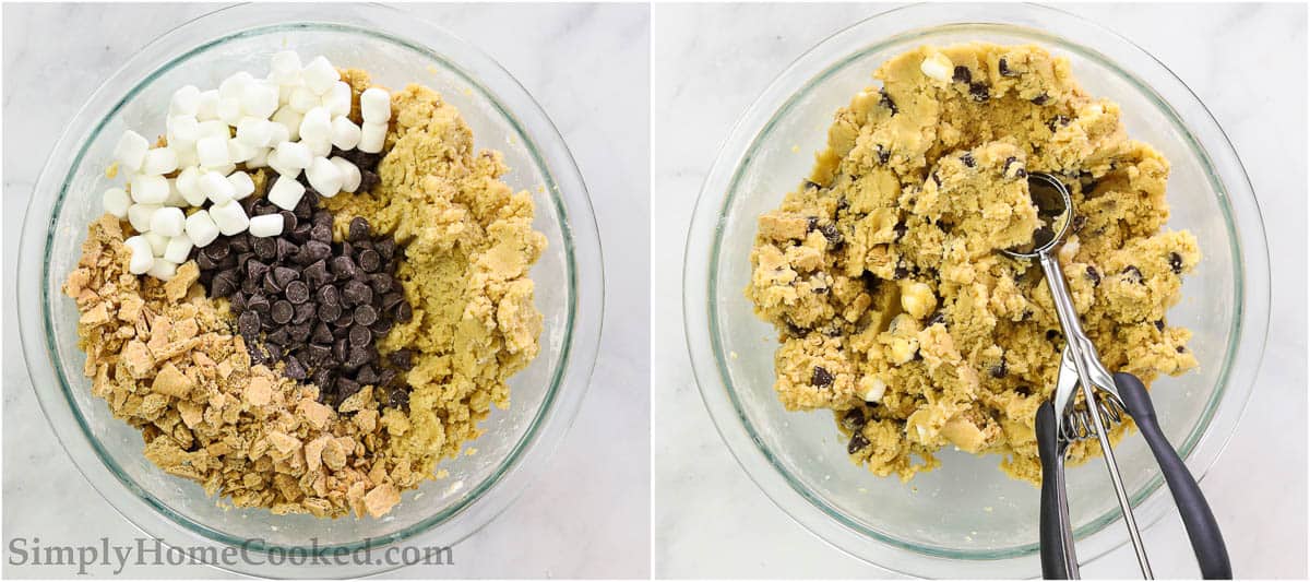 Steps to make S'mores Cookies, including adding the mini marshmallows, chocolate, and crushed graham crackers to the dough, mixing, and then scooping it out.