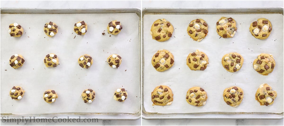 Steps to make S'mores Cookies, including baking the cookies on a cookie sheet.