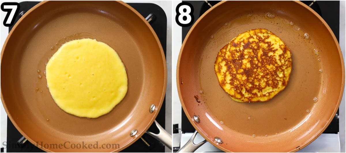 Steps to make Almond Flour Pancakes: add batter to a hot skillet, cook, flip, and cook until golden brown. 