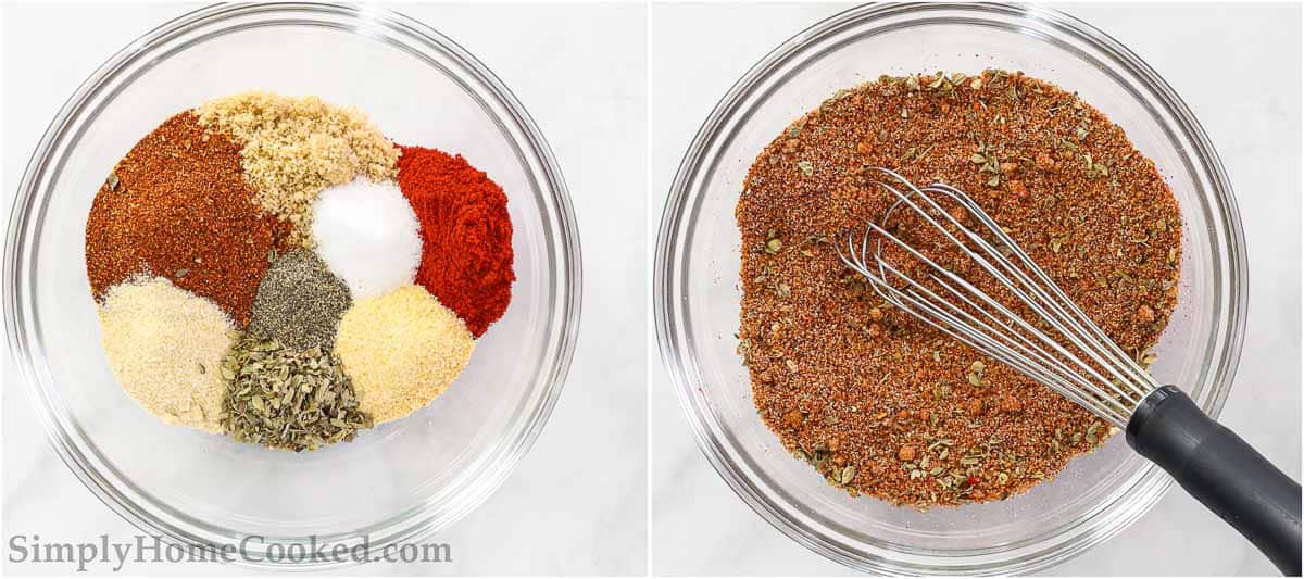 Steps to make Smoked Chicken Breast, including making the spice rub and whisking it together.