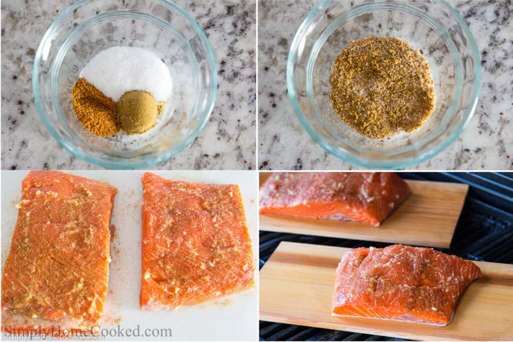 Steps to make Cedar Plank Salmon, including mixing the spices, seasoning the salmon fillets, and grilling them on cedar planks.