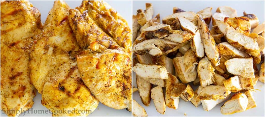 Steps for making Chicken Pesto Pizza, including seasoning and grilling the chicken, then letting it rest before slicing it.
