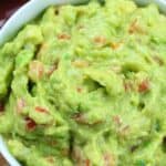 Overhead view of Guacamole in a white bowl