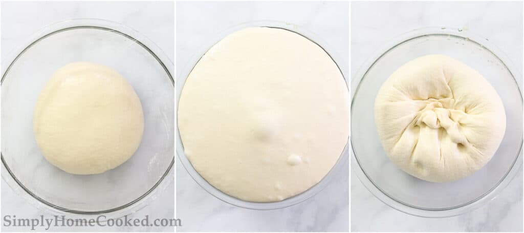 Steps to make Sourdough Bagels, including letting the dough rise in a greased bowl before folding it in to release air bubbles.