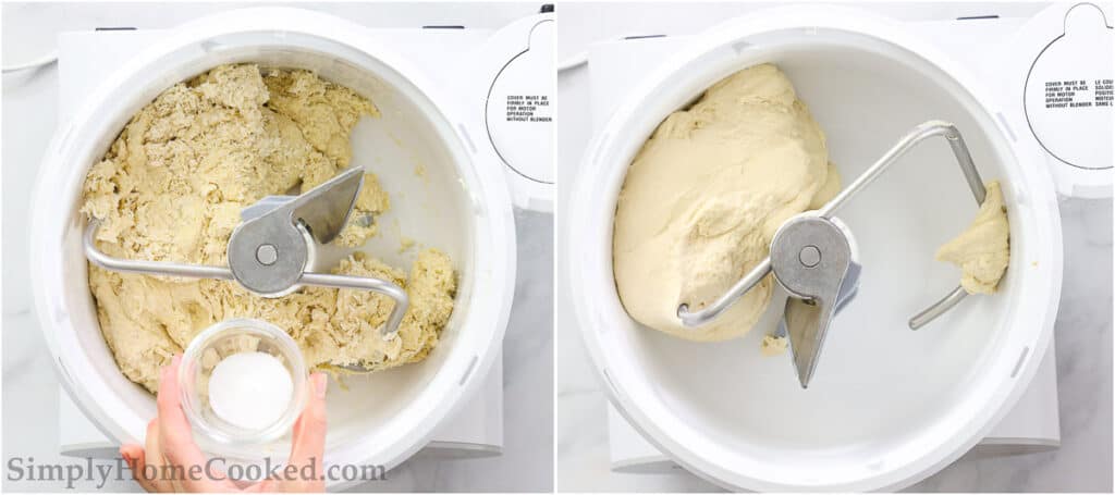 Steps to make Sourdough Bagels, including adding the salt and mixing the dough until it's smooth and elastic.