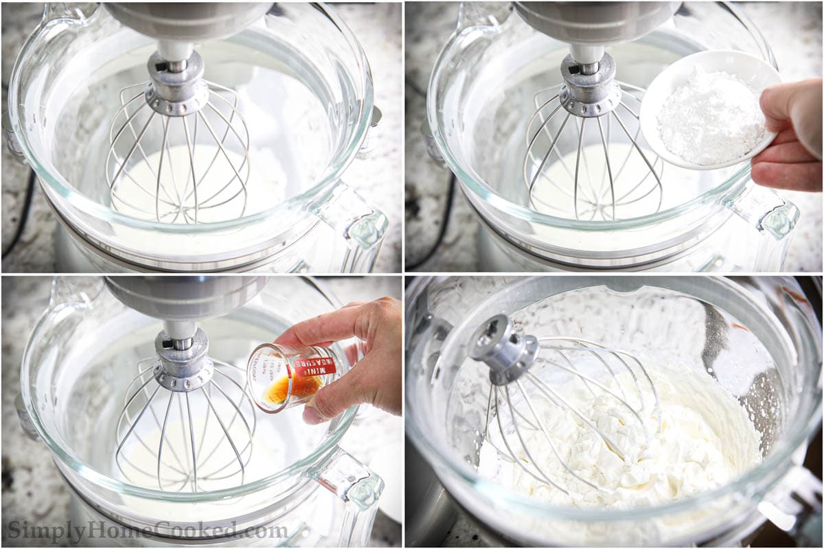 Steps to make Chantilly Cream, including whisking the ingredients until soft peaks form.
