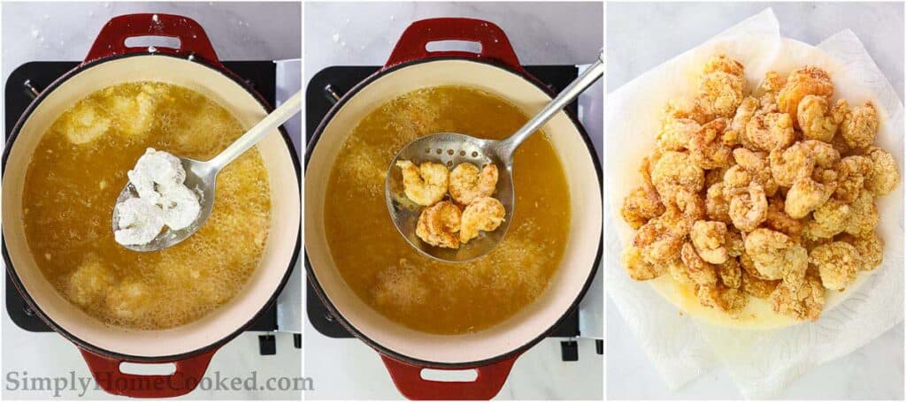 Steps to make Bang Bang Shrimp, including frying them in hot oil and letting them rest on a paper towel to absorb extra oil.