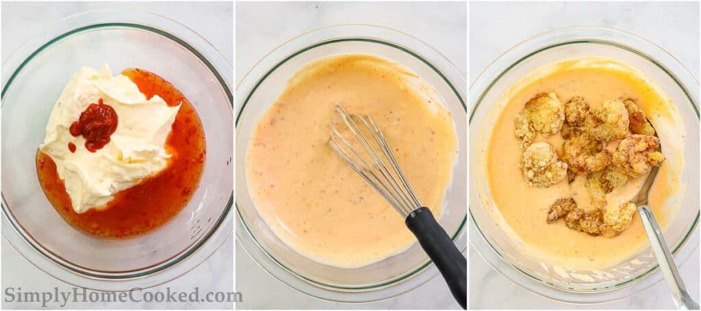 Steps to make Bang Bang Shrimp, including making the bang bang sauce and then tossing the fried shrimp into it before serving.